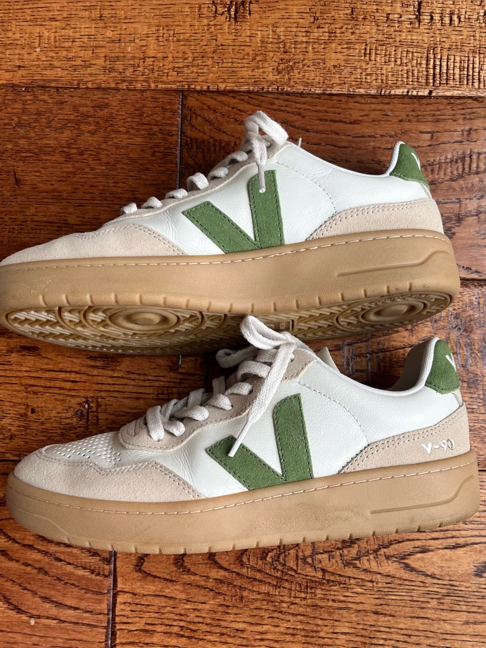 Veja V-90 Leather Sneakers in White, Almond & Kiwi